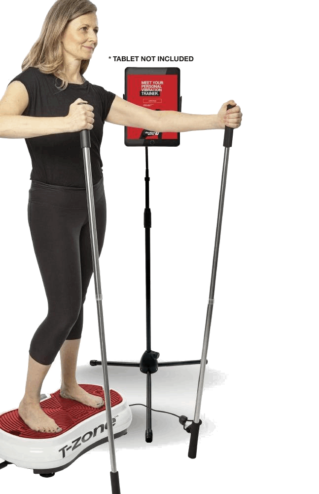 T-Zone HE-90 Vibration Plate Exercise Machine with accessories including balance poles and mats, showcasing its compact design and user-friendly interface.